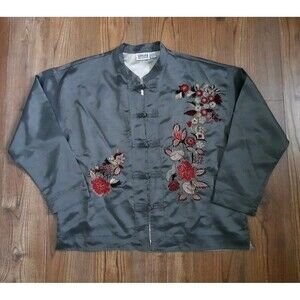 Size 2 Chico's Asian Jacket Olive Floral Embroidery Mandarin Collar Frog Button